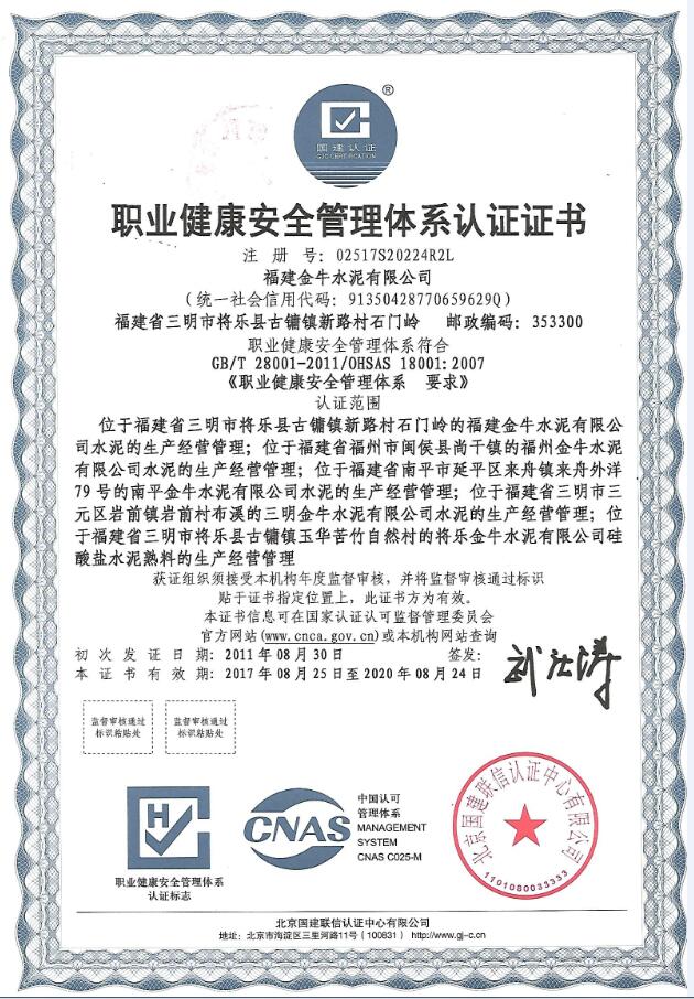 2020职业健康安全管理体系认证证书